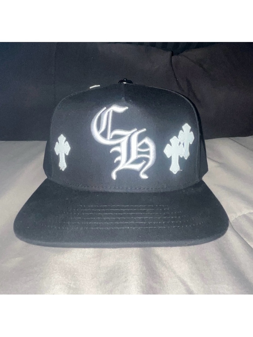 Black Chrome Hearts CH SnapBack Hitch Hat White Gothic Crosses All Over NWOT